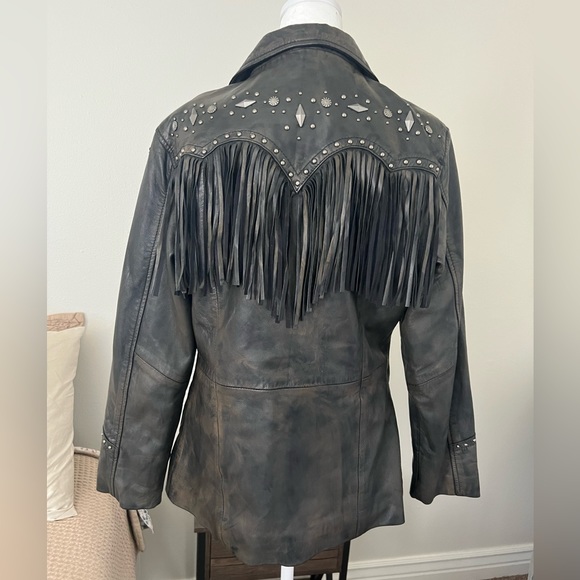CRIPPLE CREEK | Distressed Leather Brown Studded Fringe Western Cowboy Jacket - Picture 6 of 12